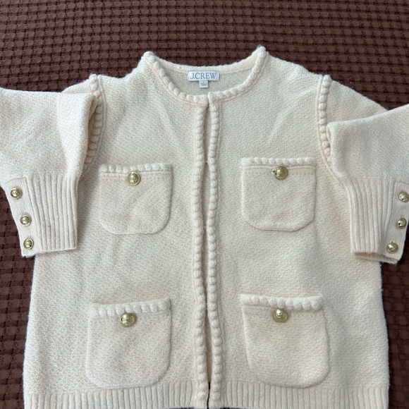 J.Crew Emilie Patch-Pocket Sweater Lady Jacket - Cream Ivory Bobble Trim M BNWT - Picture 2 of 5